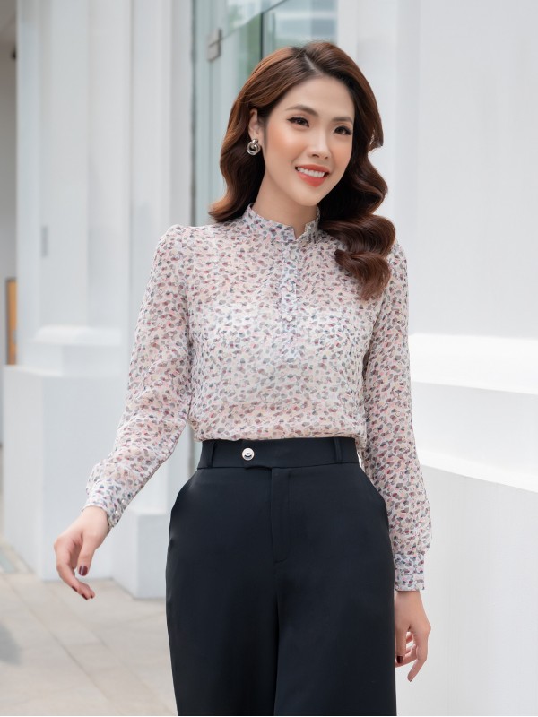 Áo sơ mi cổ trụ chấm đá L