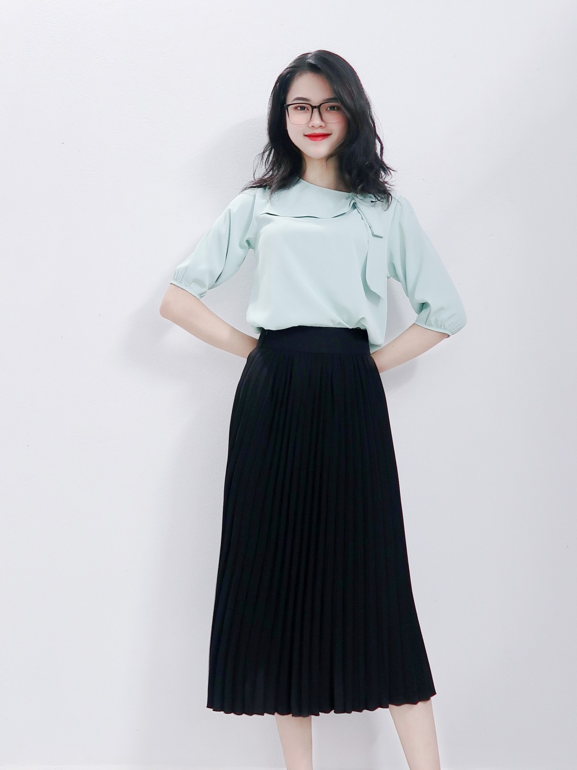 Áo sơ mi cổ nơ tay lỡ Xanh Mint S