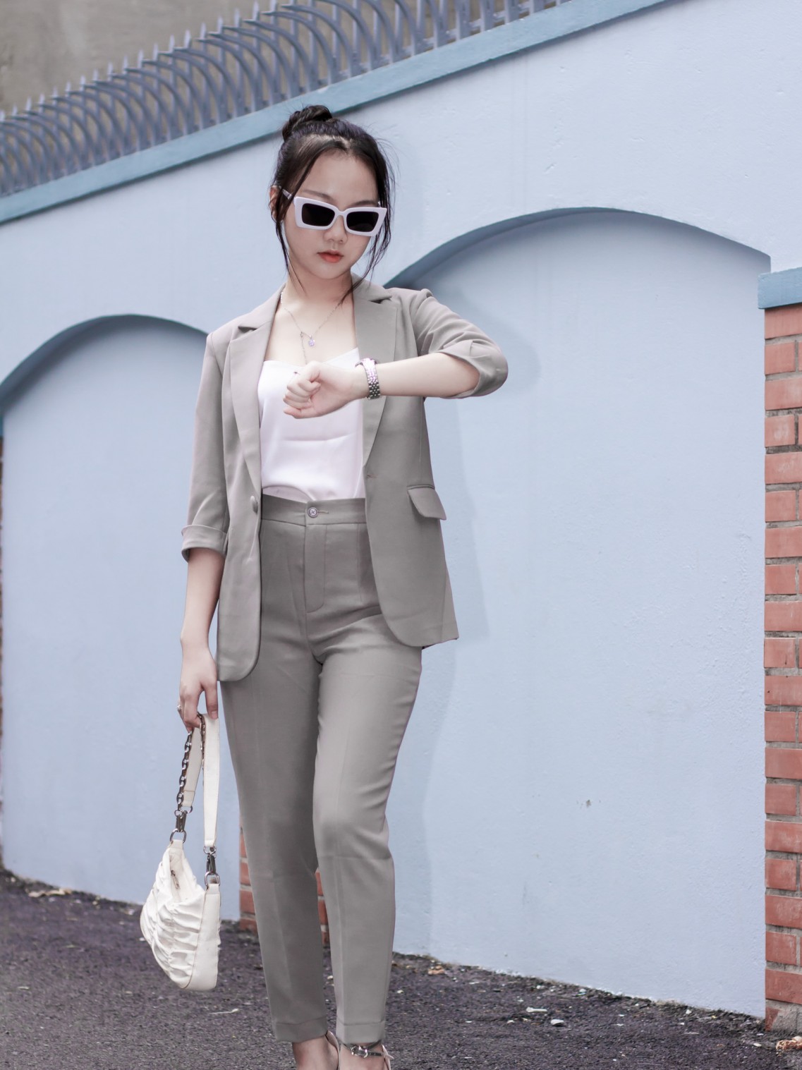 Áo Vest Blazer tay lỡ Ghi sáng L