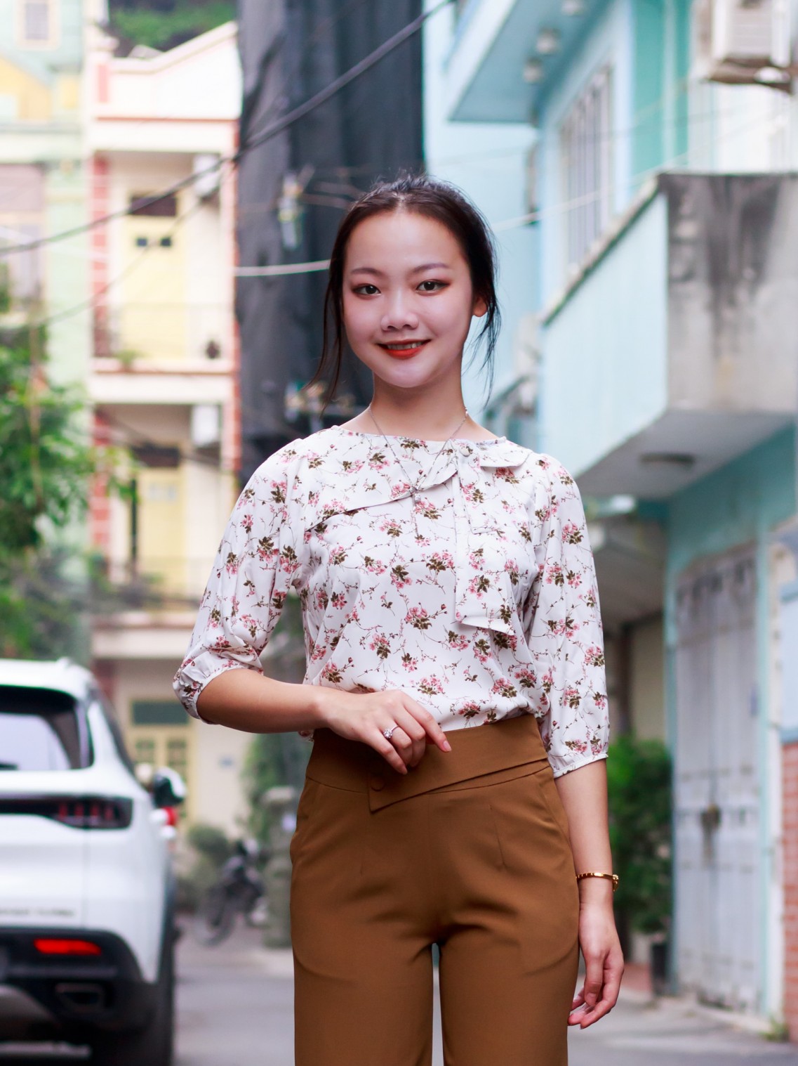 Áo sơ mi cổ nơ tay lỡ Hoa dây S