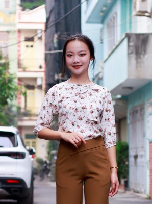 Áo sơ mi cổ nơ tay lỡ Hoa dây S