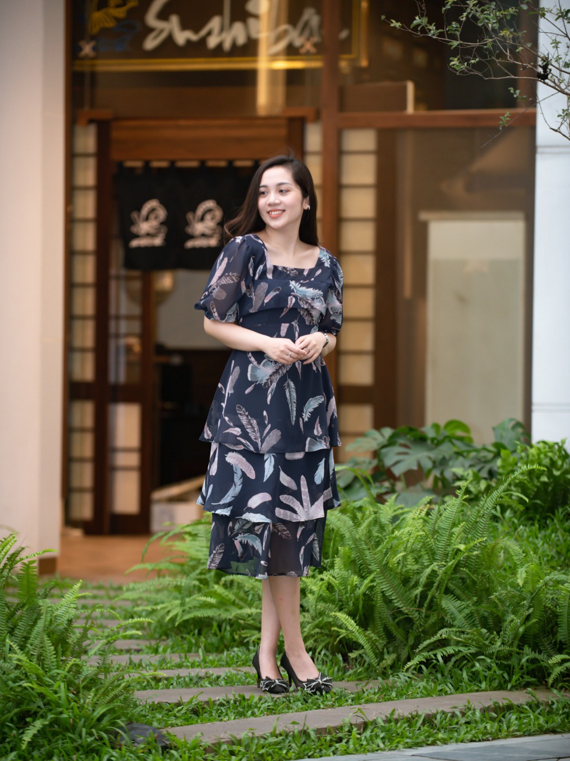 Váy 3 tầng cổ vuông Xanh than S