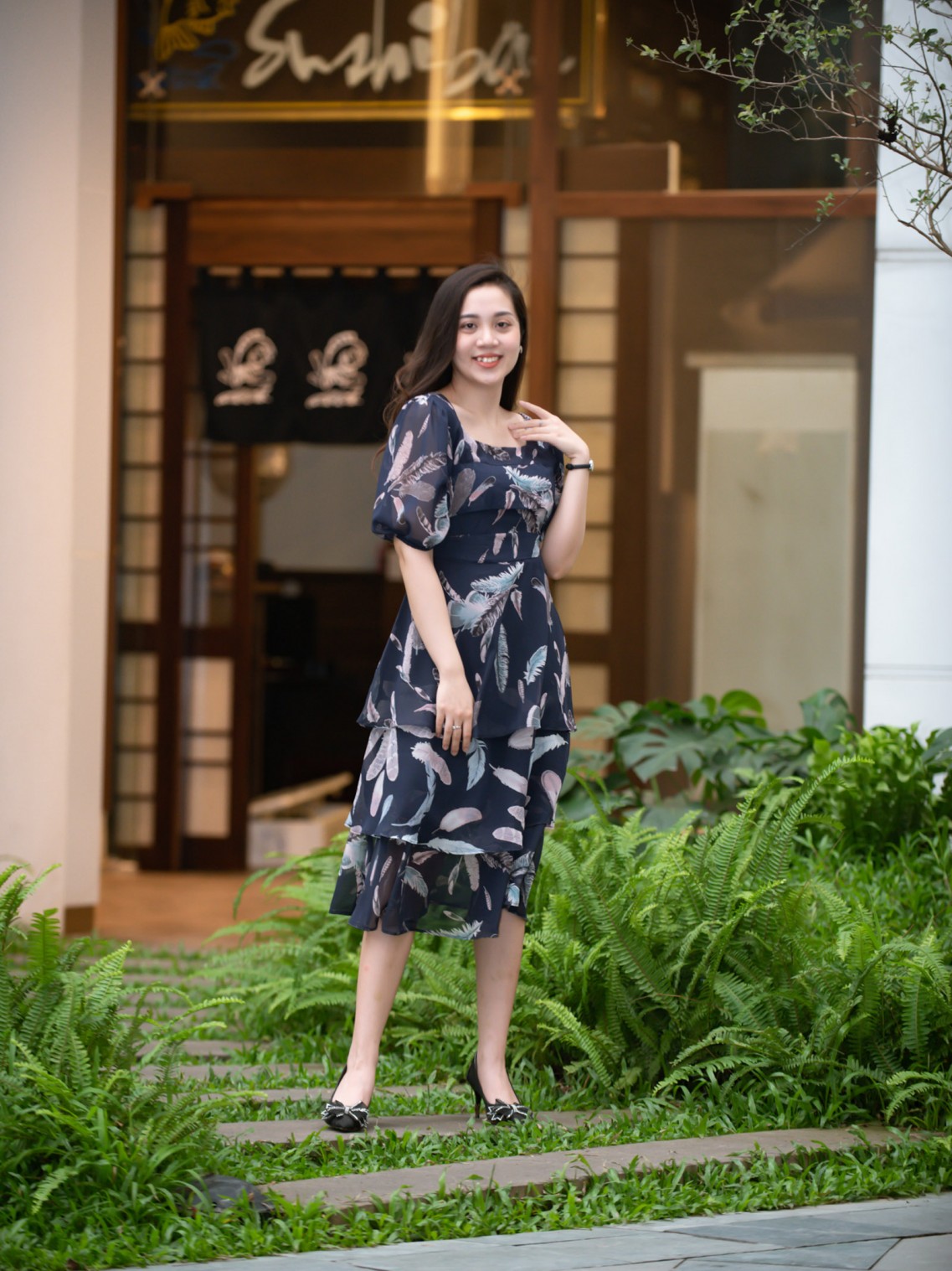 Váy 3 tầng cổ vuông Xanh than S